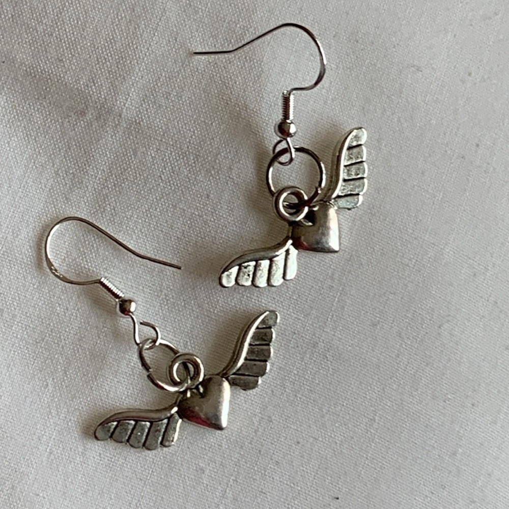Hearts with wings earrings sterling silver hooks Artisan